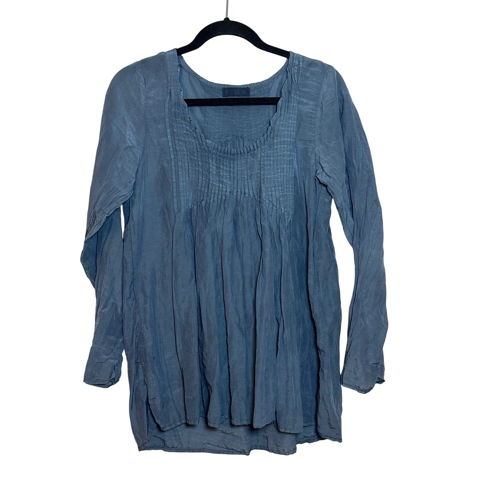 CP Shades Blue Cotton Silk Blend Pintuck Pleated Tunic Top Lagenlook‎ Size S
